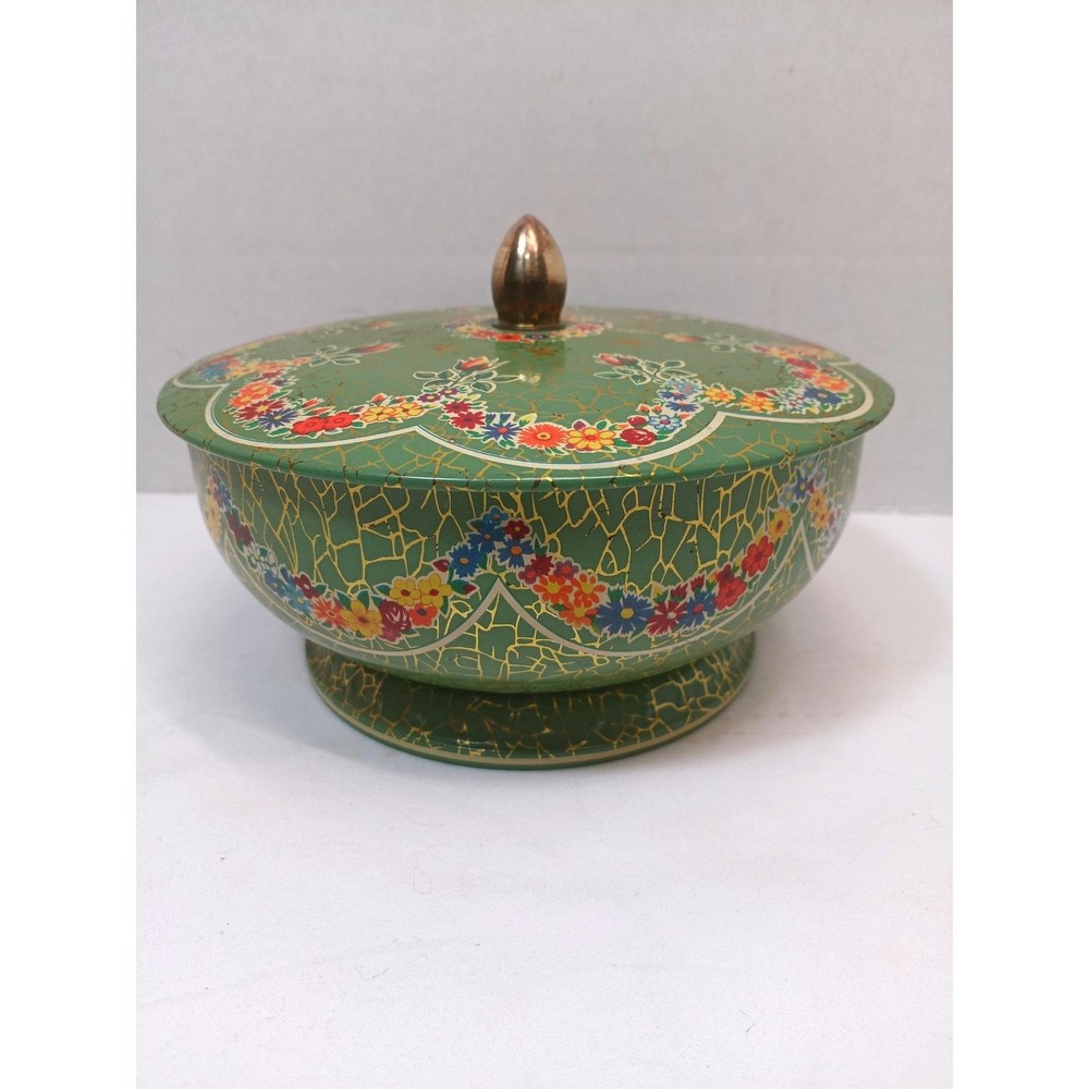 Vintage Green Floral Metal Tin Footed Canister Gold Crackle Finial Lid 7"